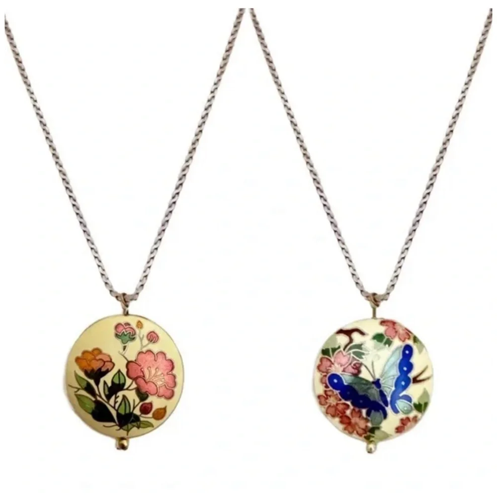 BOHEMIAN • Butterfly Flower Vintage Ceramic Necklace - Picture 1 of 6